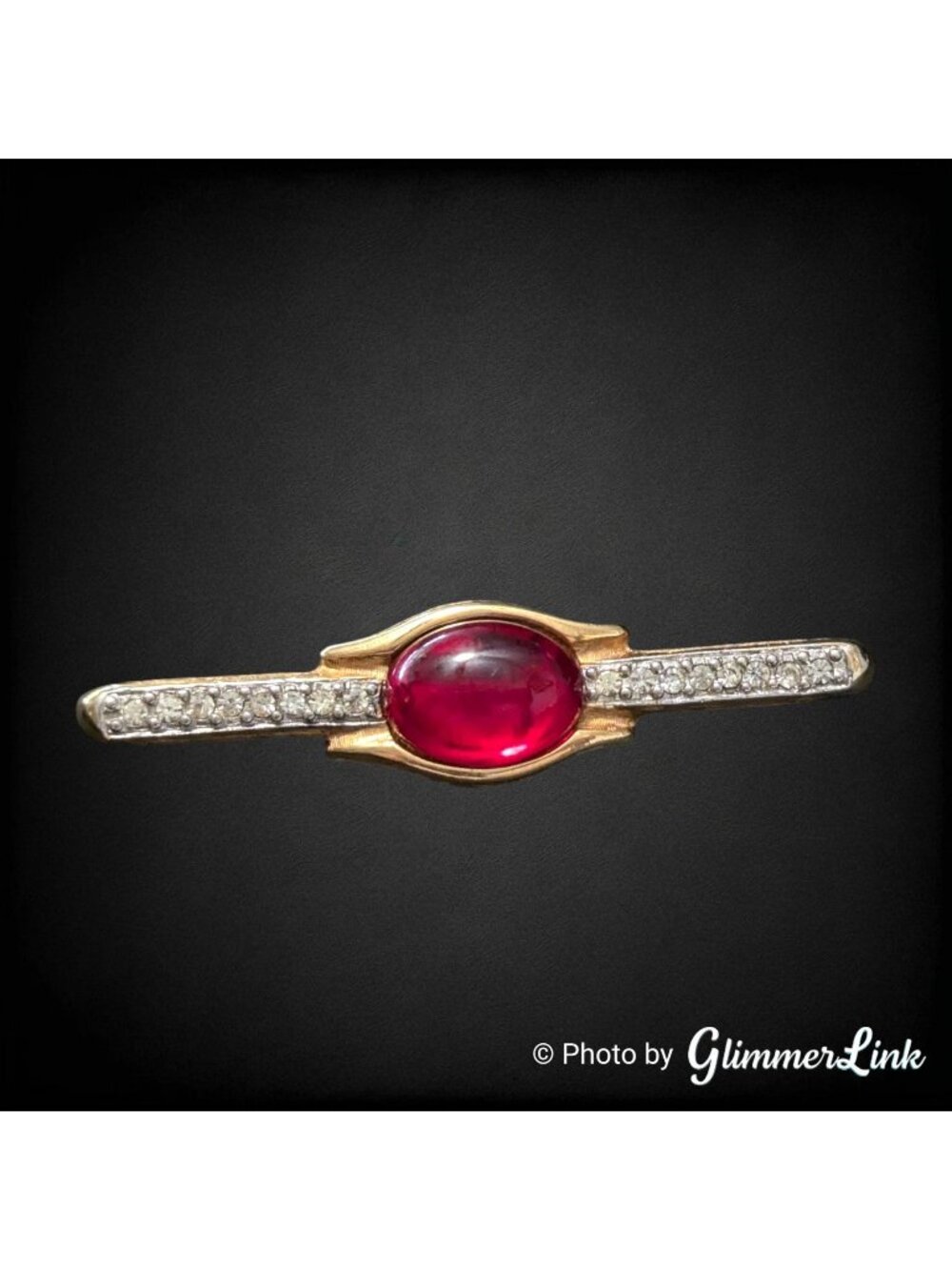 Vintage Dotty Smith Red Cabochon Rhinestones Gold Tone Bar Brooch